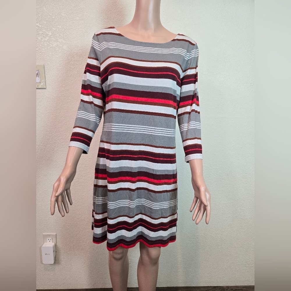 Patagonia  Midi Dress Womens Large  Gray Red  Striped Organic Cotton Blend